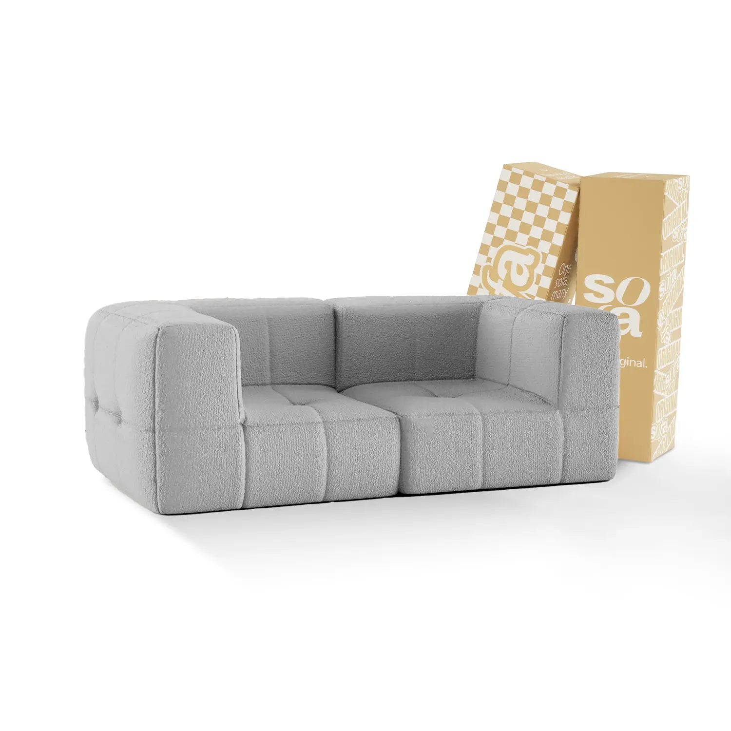 Modular 2-seater sofa in a box with 2 arms, in Boucle fabric - Gray