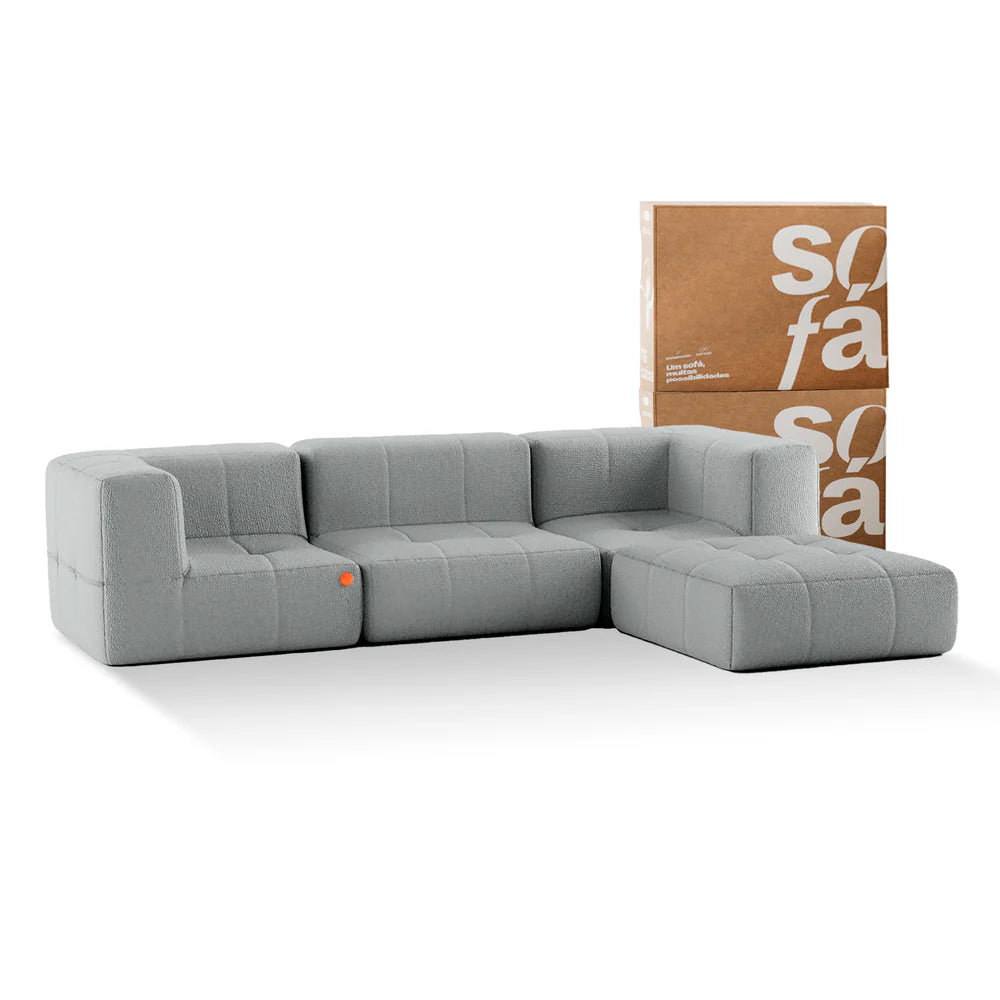 Modular 3-seater sofa in bouclé fabric with 2 arms and chaise lounge - Grey