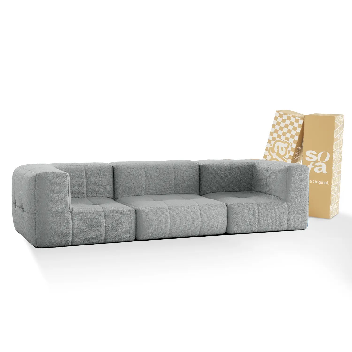 Modular 3-seater sofa in a box with 2 arms, in Boucle fabric - Gray