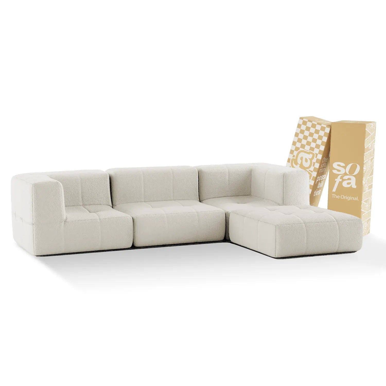 Modular 3-seater sofa in a box, bouclé fabric, 2 arms with chaise lounge - Linen