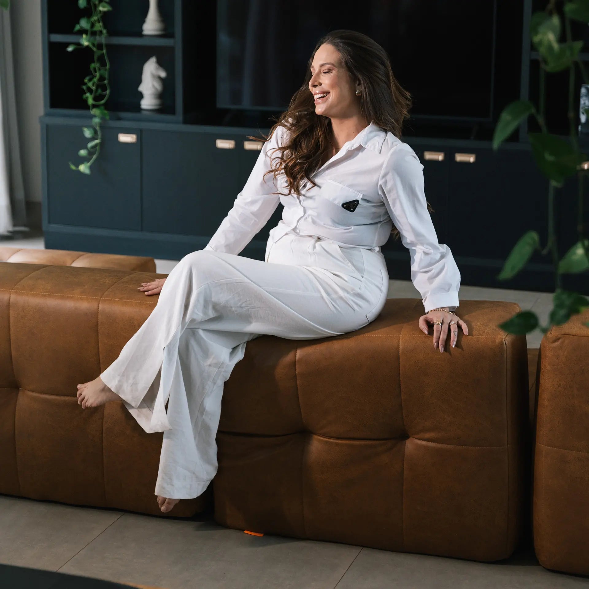 Modular 3-seater sofa in a box, brown poly-leather.