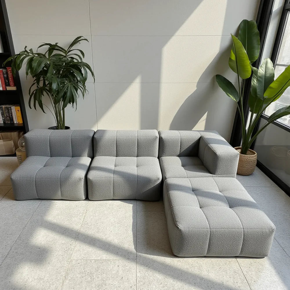 Modular 2-seater sofa in bouclé fabric with 1 arm and chaise lounge - Gray