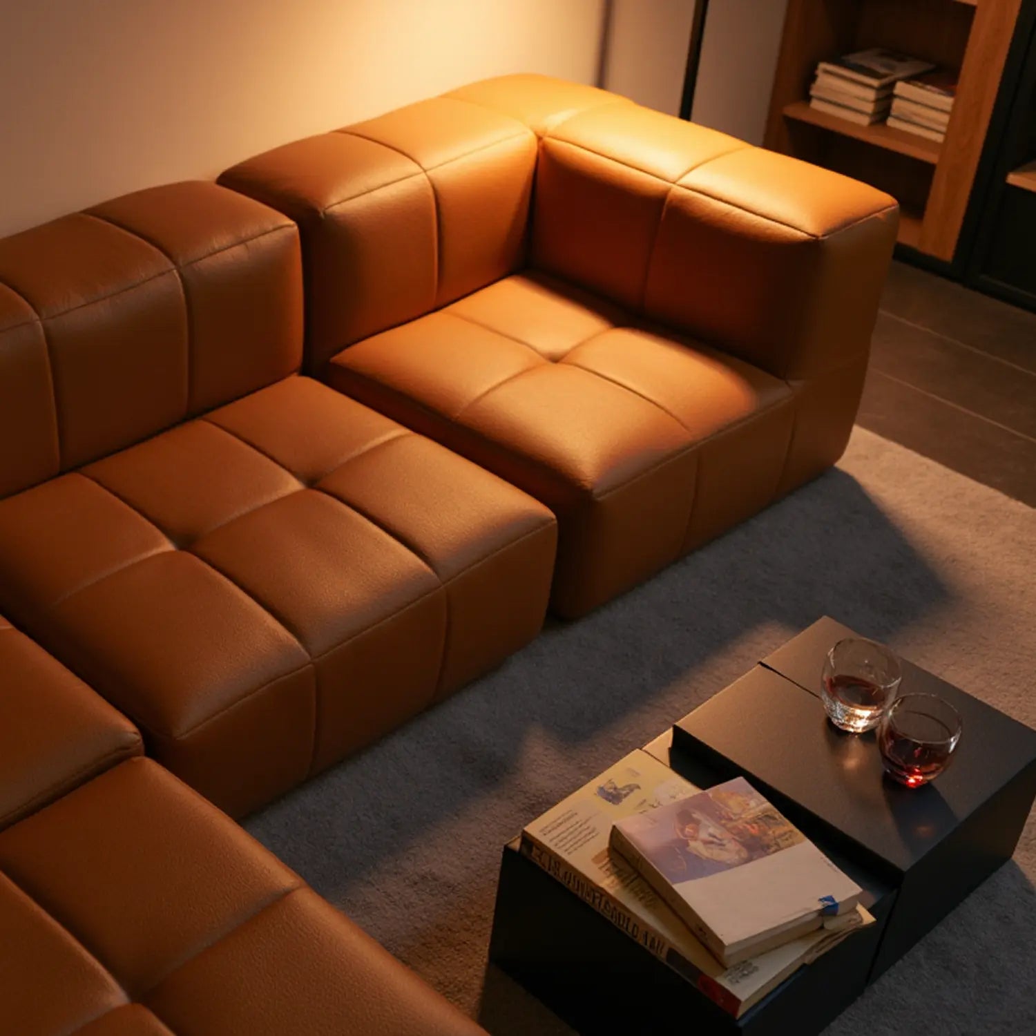 Modular 3-seater sofa in a box, brown poly-leather.