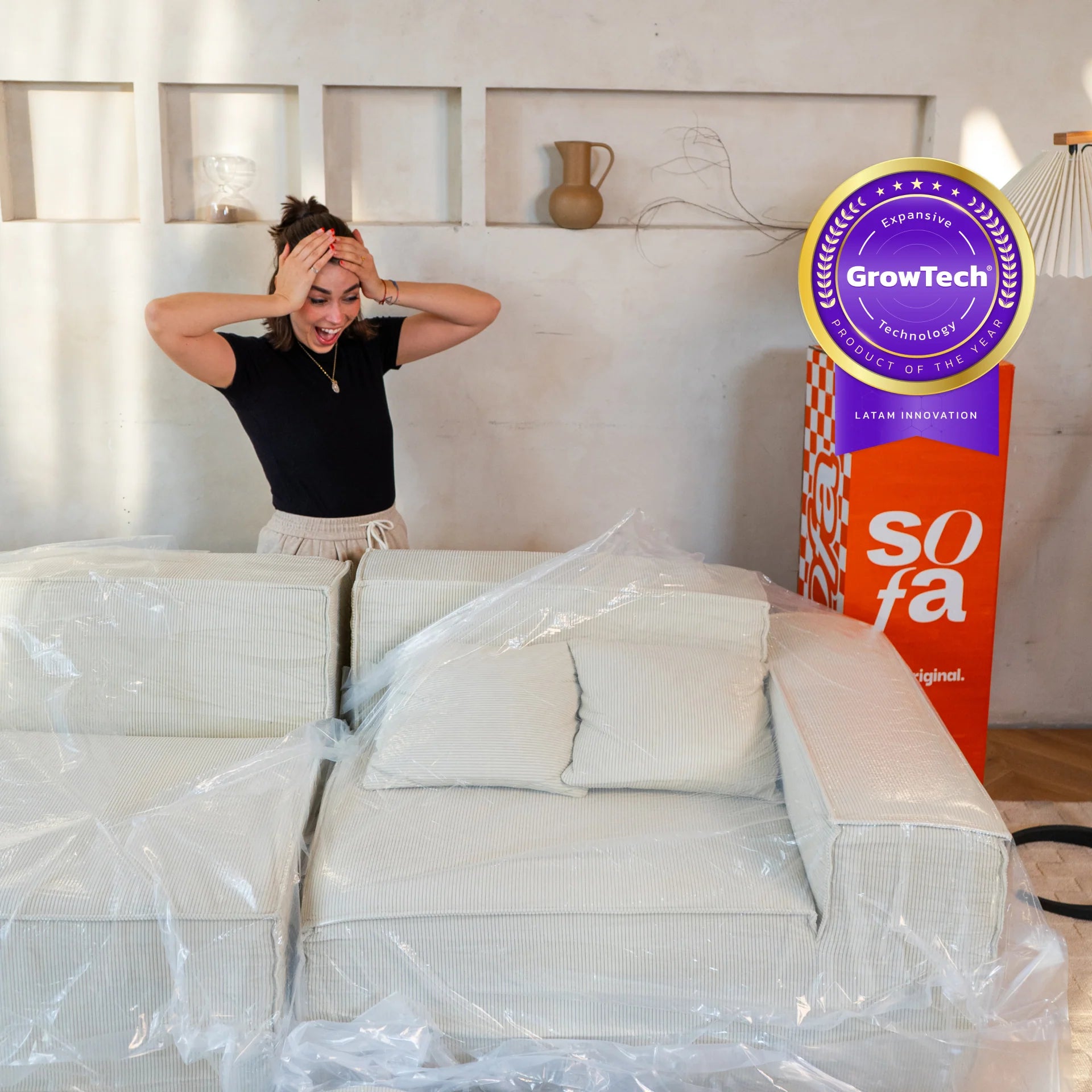 Pelion 3-seater sofa in a box + 1 chaise lounge in Boucle linen.