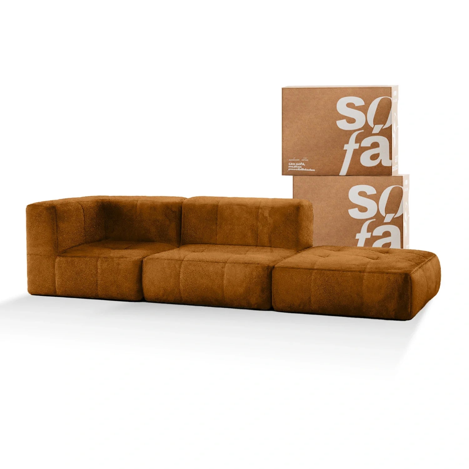 Modular 2-seater sofa in a box, brown poly-leather - 1 armrest with support.