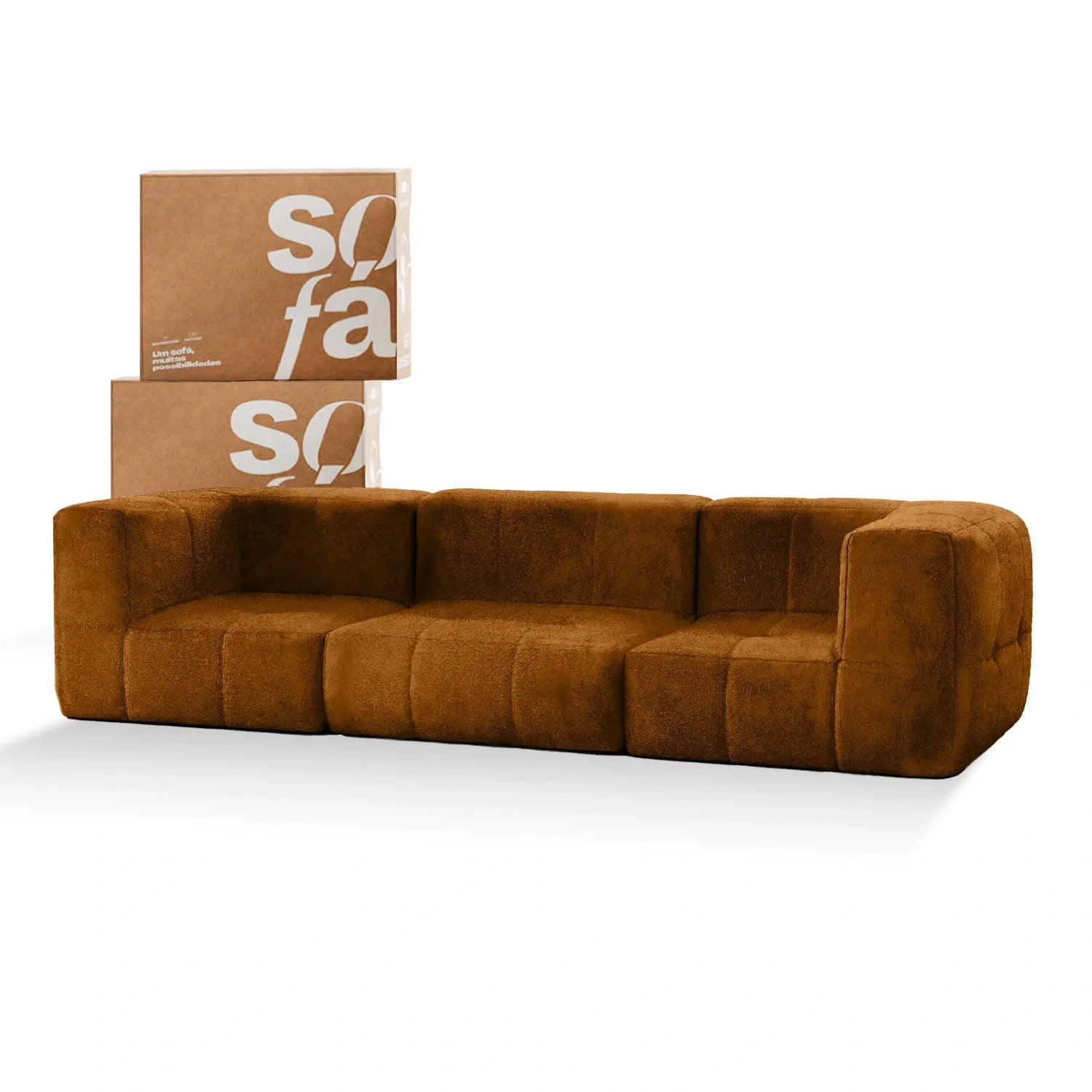 Modular 3-seater sofa in a box, brown poly-leather.