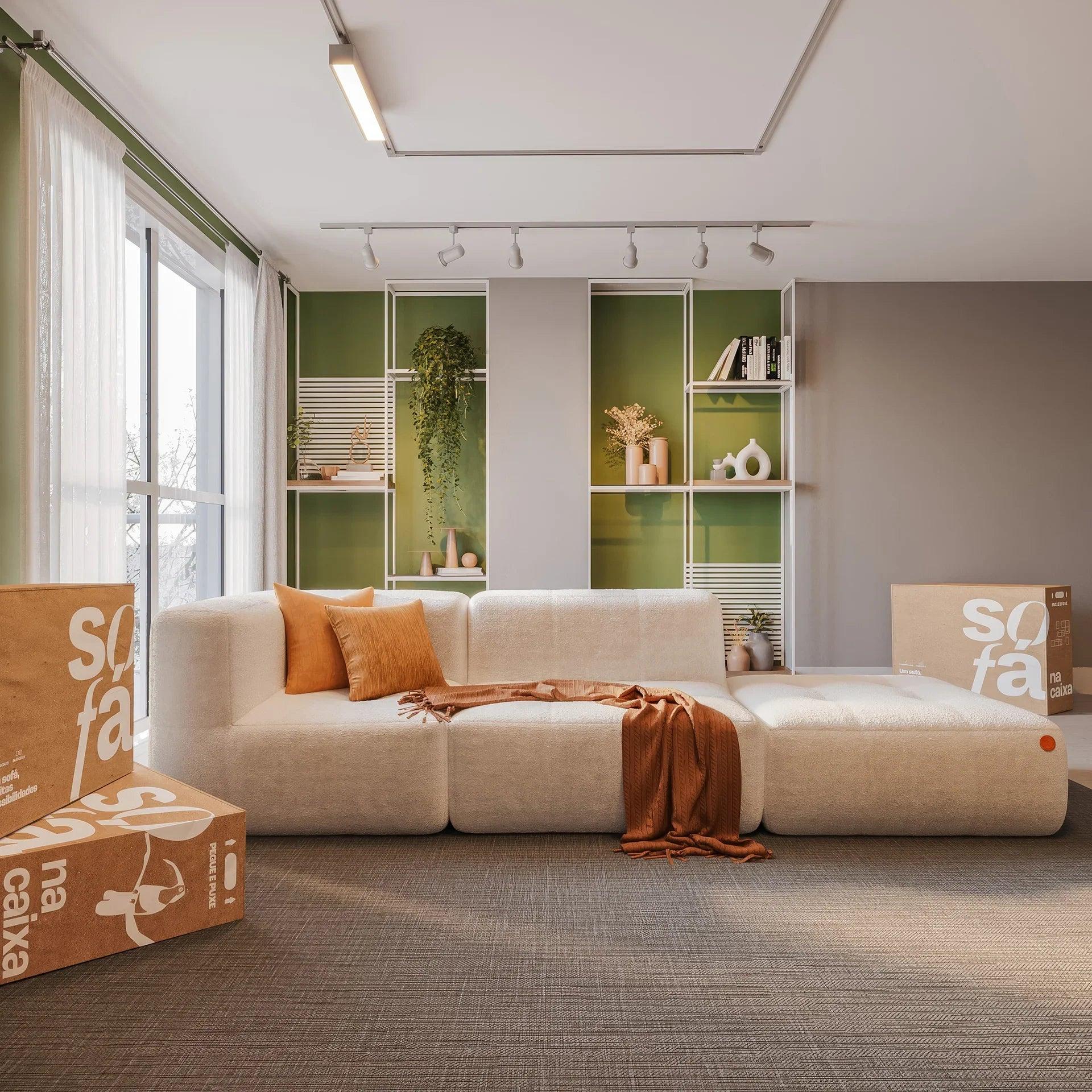 Modular 2-seater sofa in a box, bouclé fabric, 1 armrest with chaise lounge - Linen