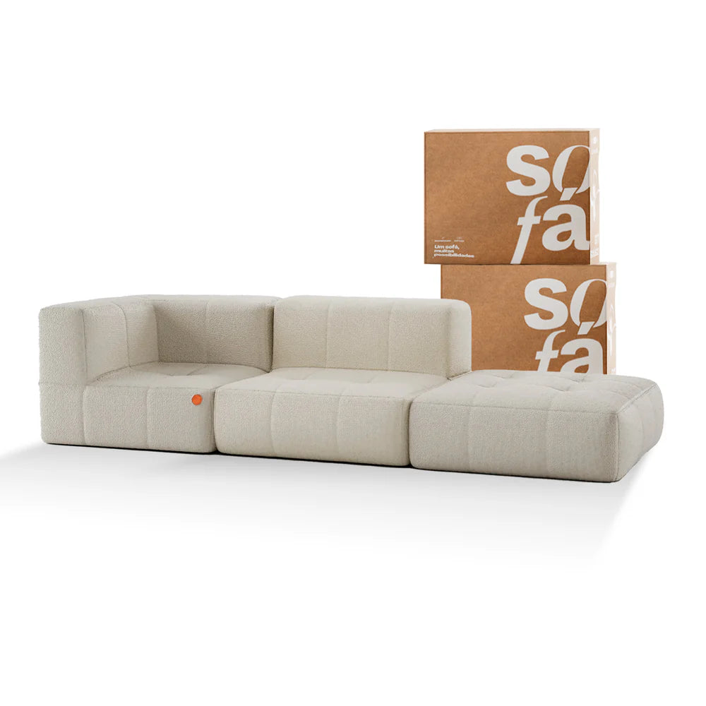 Modular 2-seater sofa in a box, bouclé fabric, 1 armrest with chaise lounge - Linen
