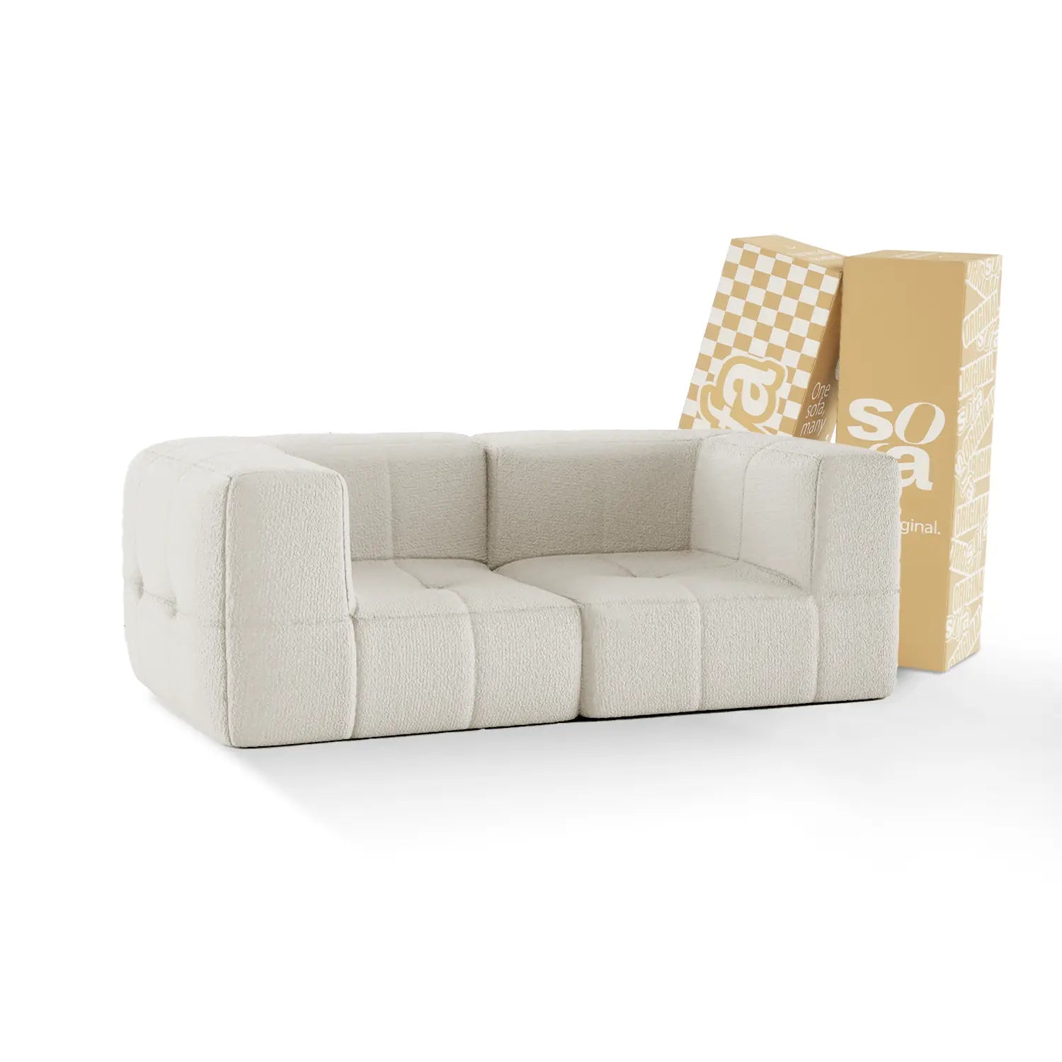 Modular sofa in a box, 2 seats, 2 arms, in Boucle - Linen.