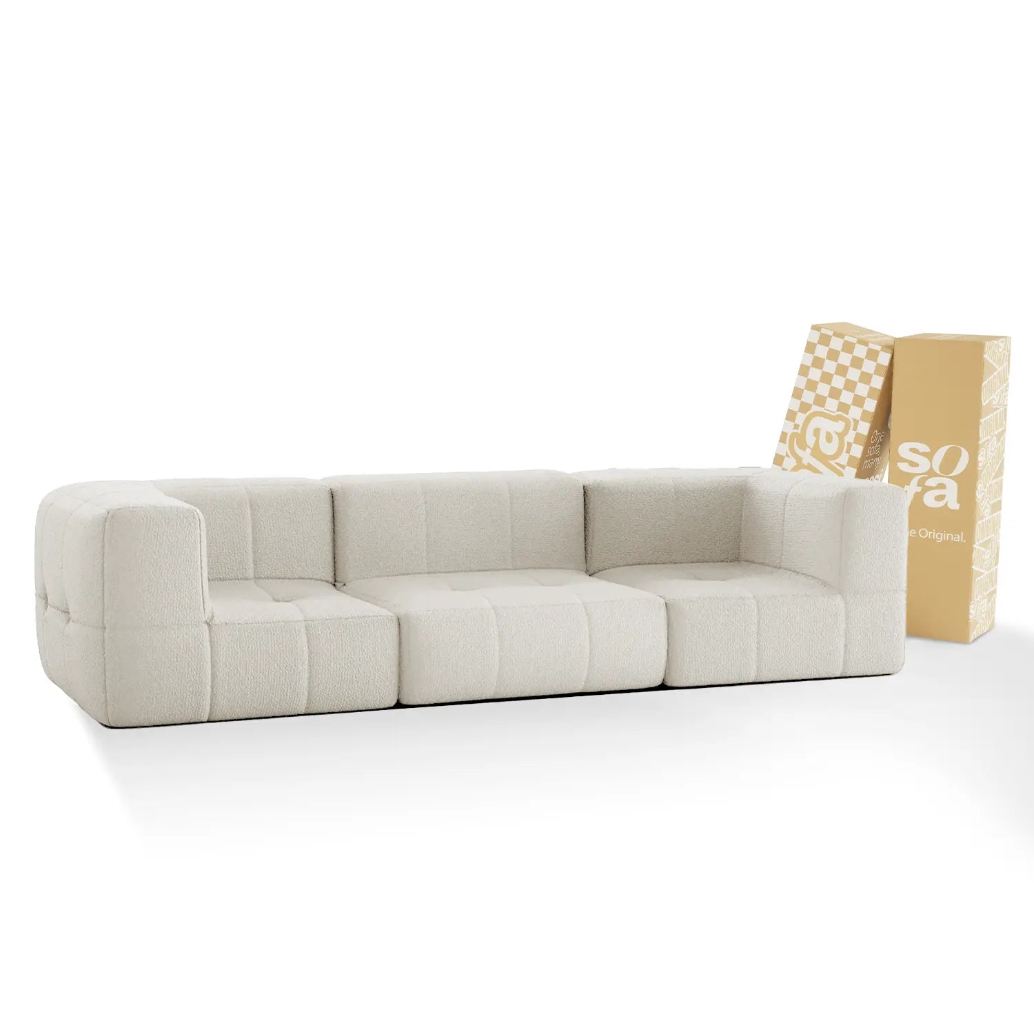 Modular 3-seater sofa in a box with 2 arms, in Boucle Linen fabric.