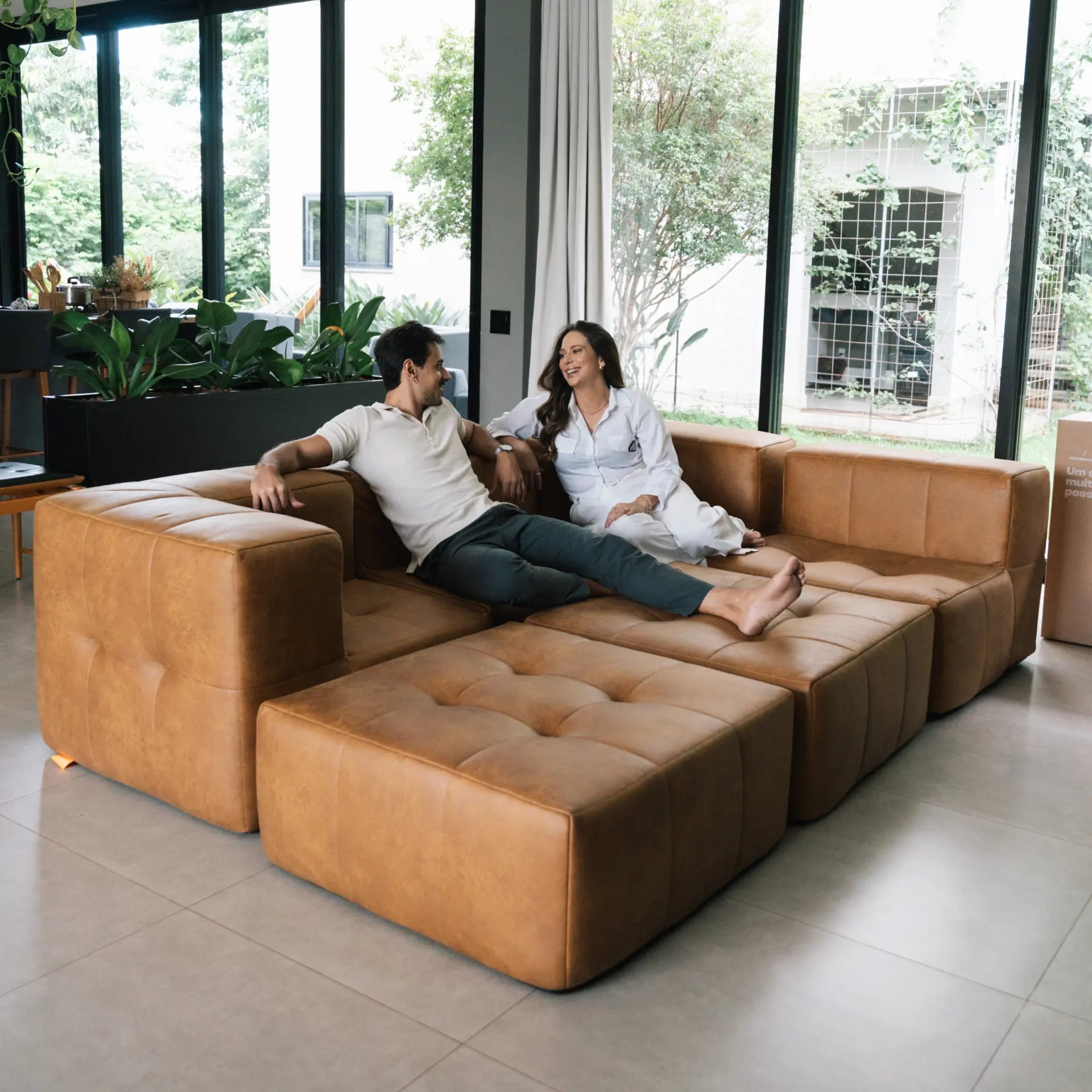 Modular 3-seater sofa in a box, brown poly-leather.