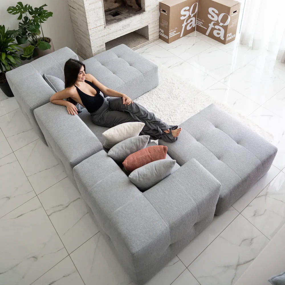 Modular 2-seater sofa in bouclé fabric with 1 arm and chaise lounge - Gray