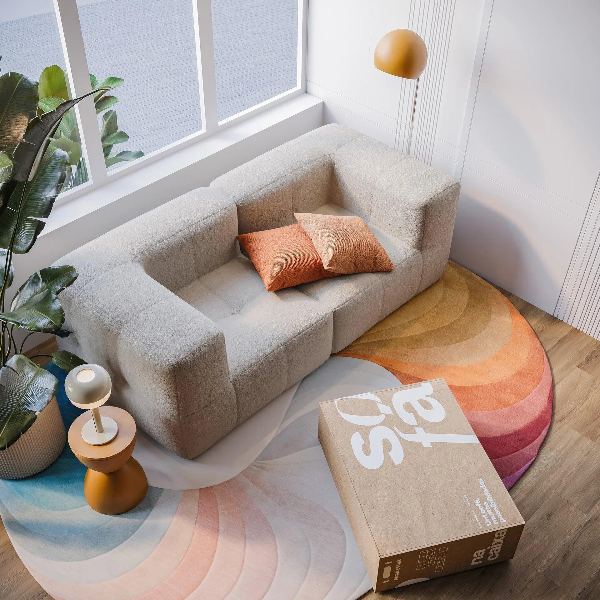 Modular sofa in a box, 2 seats, 2 arms, in Boucle - Linen.