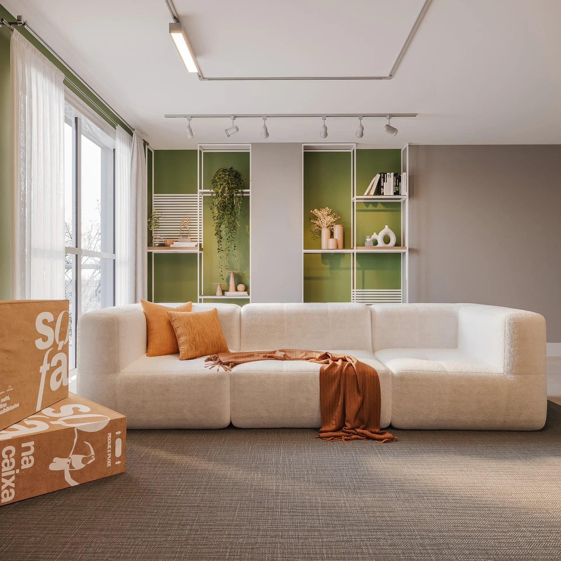 Modular 3-seater sofa in a box with 2 arms, in Boucle Linen fabric.