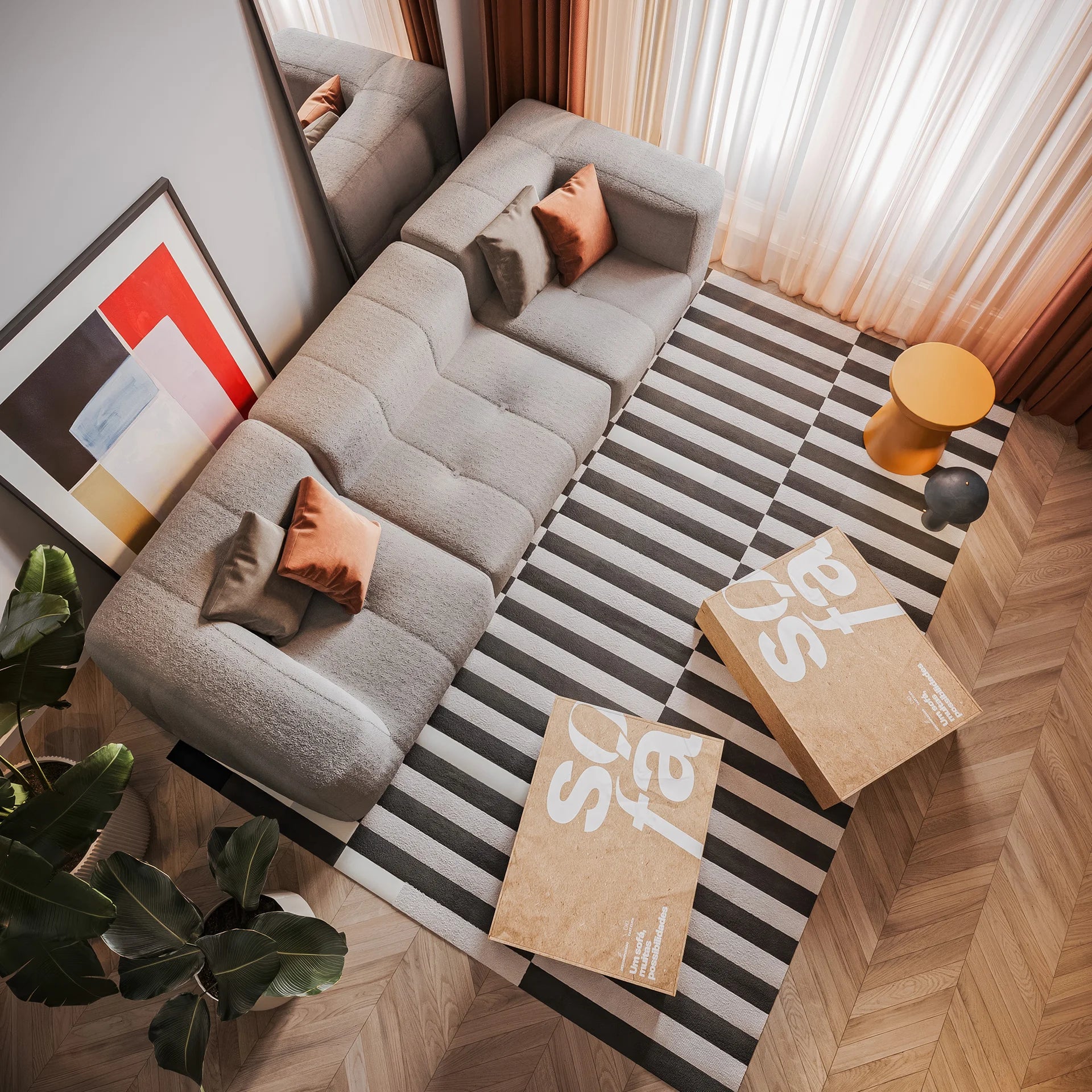 Modular 3-seater sofa in a box with 2 arms, in Boucle Linen fabric.