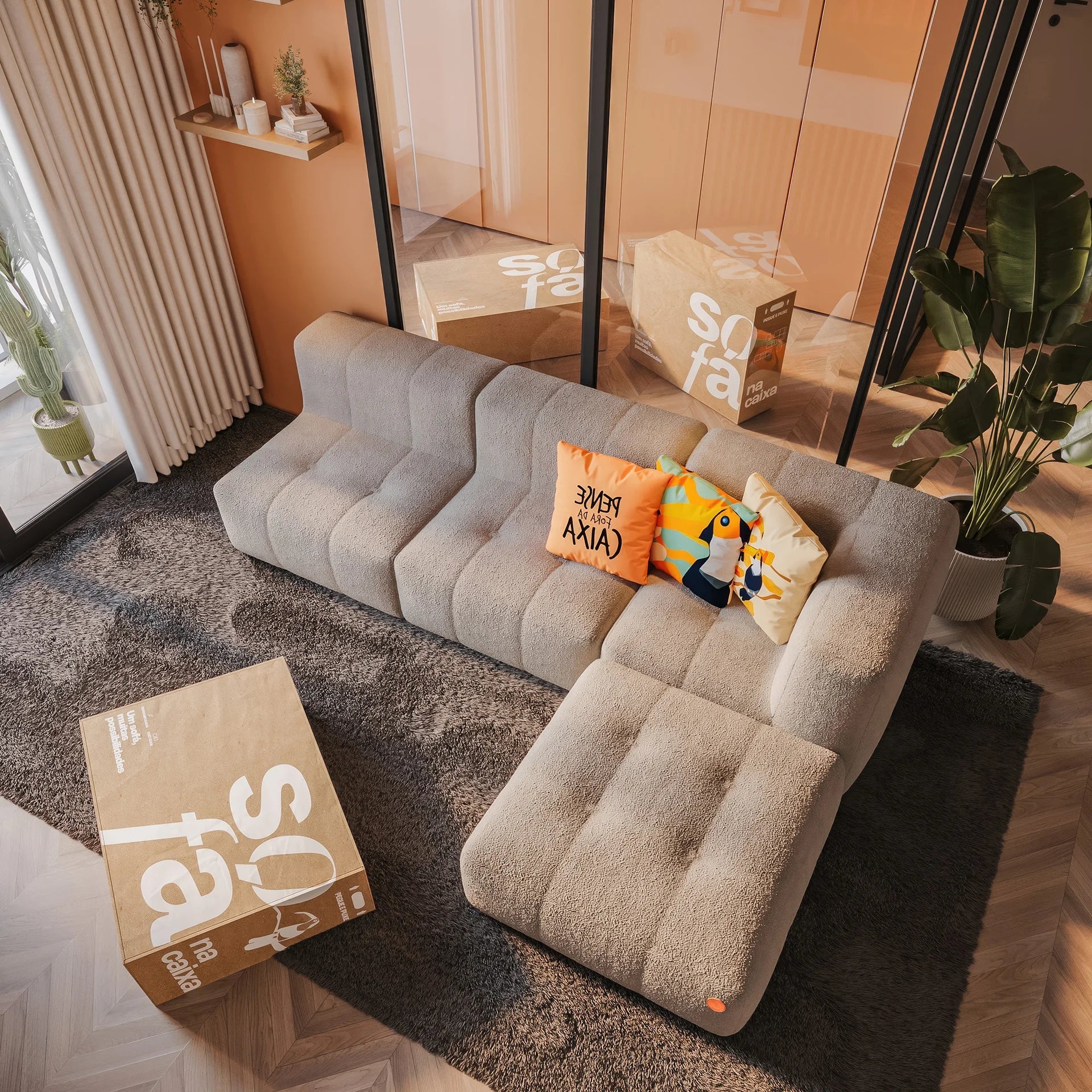 Modular 3-seater sofa in a box, bouclé fabric, 2 arms with chaise lounge - Linen