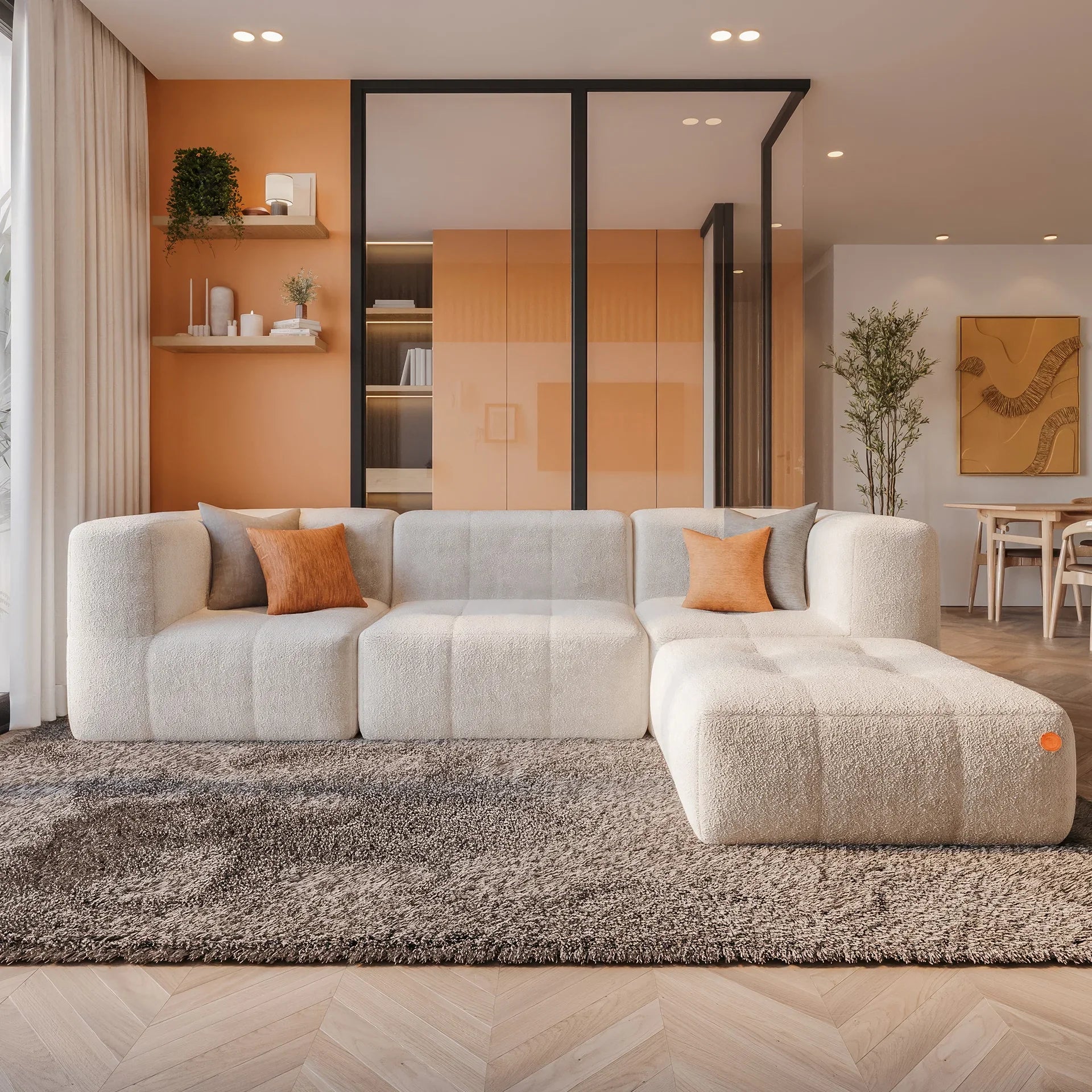 Modular 3-seater sofa in a box, bouclé fabric, 2 arms with chaise lounge - Linen