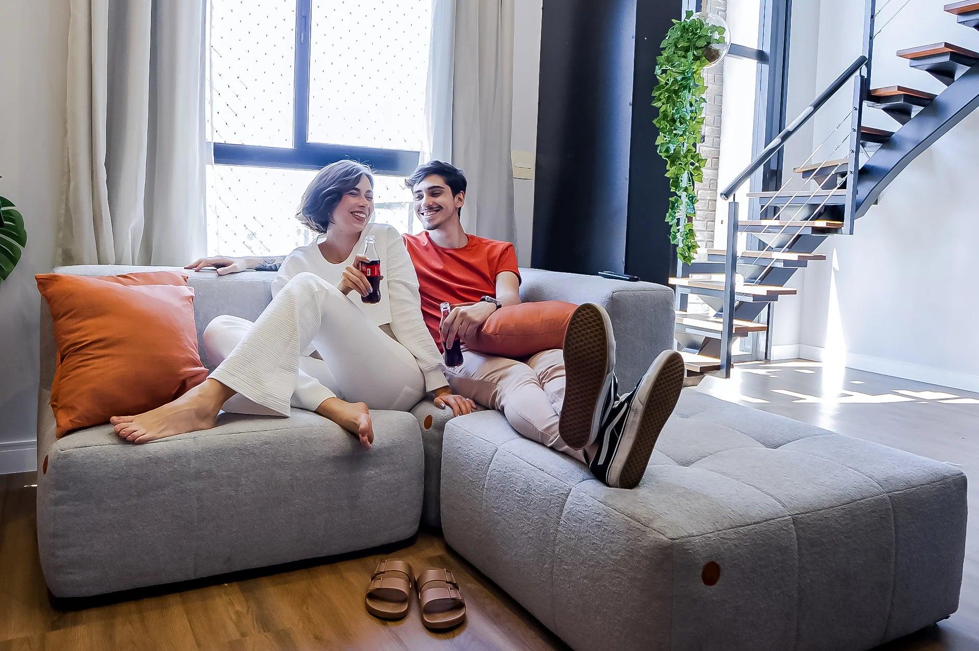 Modular sofa in a box, 2 seats, 2 arms, in Boucle - Linen.